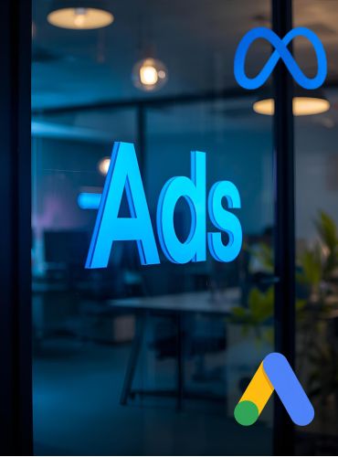 Office glass with illuminated “Ads” text and Google Ads, Meta logos — concept for digital Performance Marketing and paid advertising campaigns