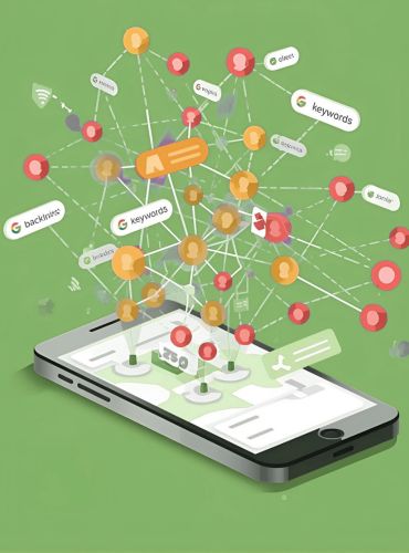 3D illustration of smartphone with keywords, backlinks, and analytics icons — concept for Search Engine Optimization and digital visibility