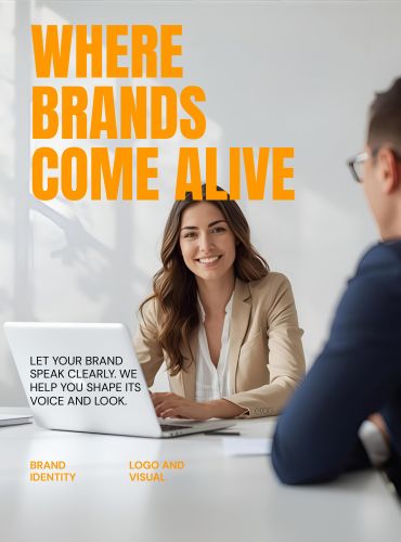 Professional brand identity and logo design concept showing creative team meeting and brand strategy planning