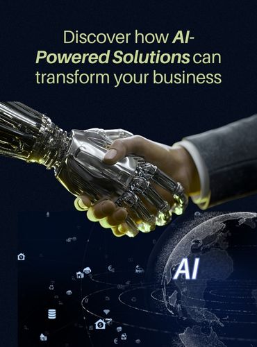 Human and robotic hand handshake representing AI & Automation partnership — concept of business transformation through smart technology